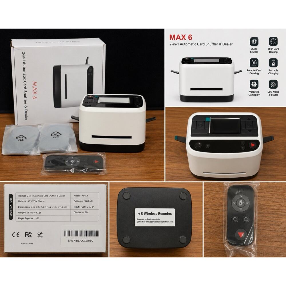 MAX 6 Automatic Card Shuffler & Dealer Rechargeable Remote Control New Open Box